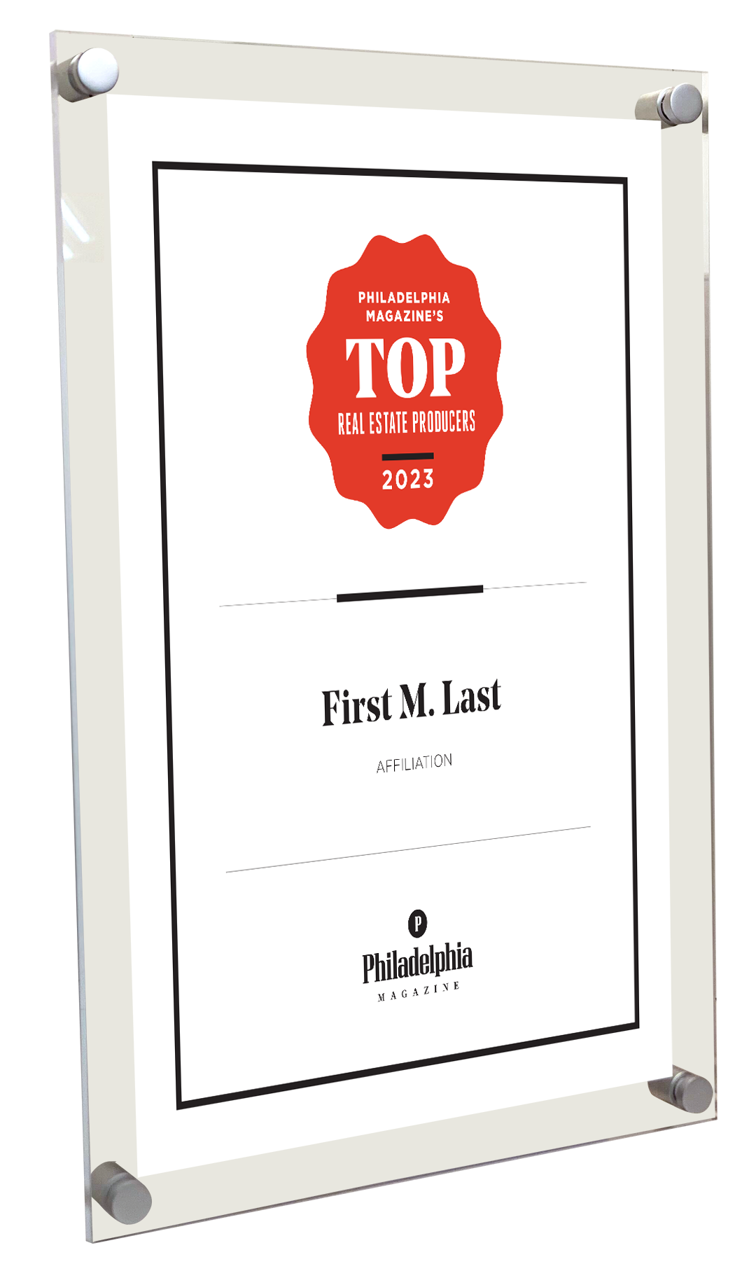 Philadelphia magazine Top Real Estate Producers - Acrylic Standoff Plaque